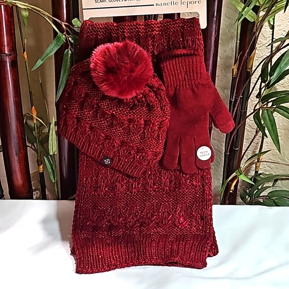 Scarf, Gloves, and Pom Beanie Hat Set